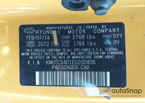 2014 Hyundai Veloster Base W/Black из США, поврежденный, VIN KMHTC6AD1EU200406